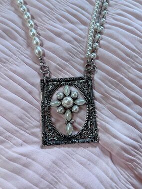 Plunder Silver-Tone Frame Pendant Necklace with White Pearl Cross